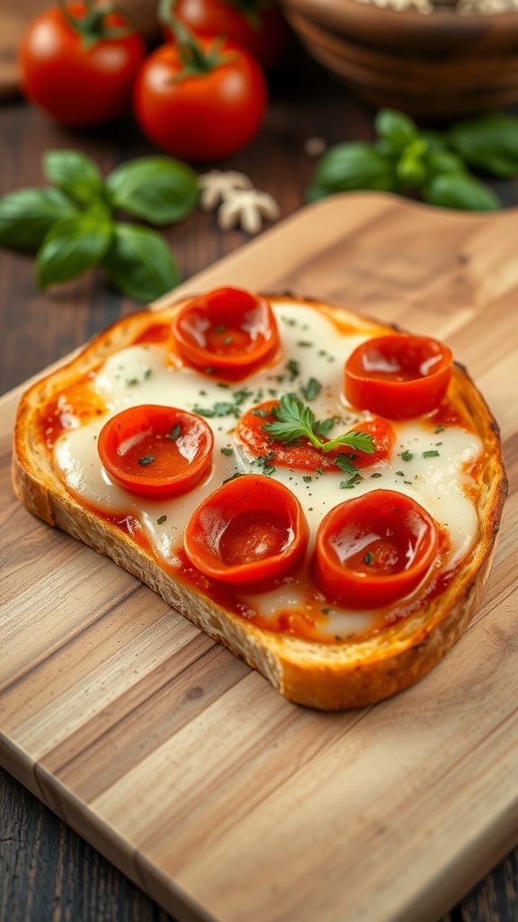 Crispy toast pizza with cheese and pepperoni on a wooden board.